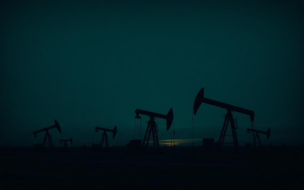 Oil field pump jacks silhouetted at blue hour